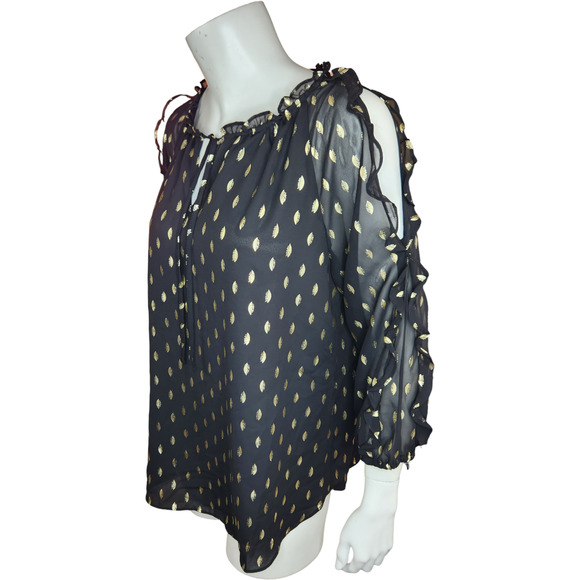 C by 1946 Cato Womens Size Medium Black with Metallic Gold Dots Blouse Ruffle - Picture 3 of 13